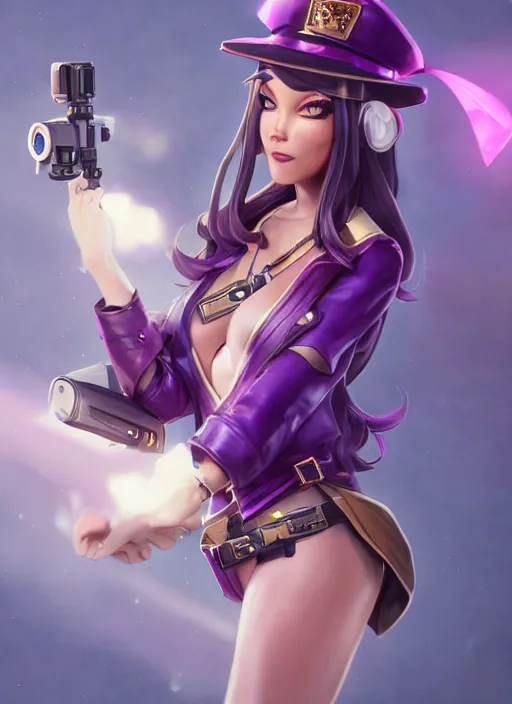 Prompt: caitlyn from league of legends, pointing gun towards the camera, wearing purple dress police hat, pearl skirt, hyper detailed, digital art, trending in artstation, cinematic lighting, studio quality, smooth render, unreal engine 5 rendered, octane rendered, art style by klimt and nixeu and ian sprigger and wlop and krenz cushart