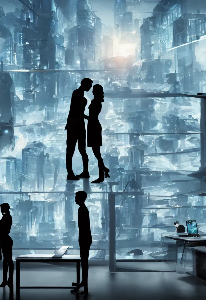 Image similar to silhouette of hugging couple, sitted husband at his futuritic desk, windiw with a futuristic city, rossdraws, global illumination, radiant light, detailed and intricate environment