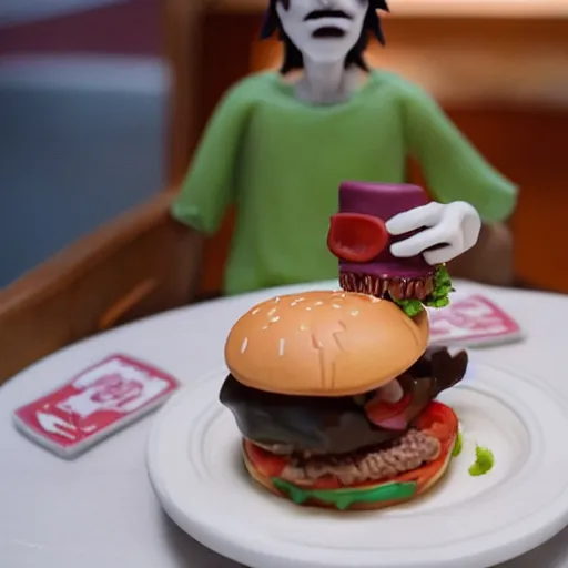 Prompt: the death eating his hamburger in a restaurant, modeling clay style