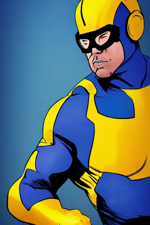 Image similar to marvel superhero, strong man with blue and yellow costume, goggles and leather helmet, yellow boots, yellow gloves, detailed portrait, cell shaded, 4 k, concept art, illustration by john byrne and terry austin. cinematic dramatic atmosphere, sharp focus, volumetric lighting, cinematic lighting, studio quality