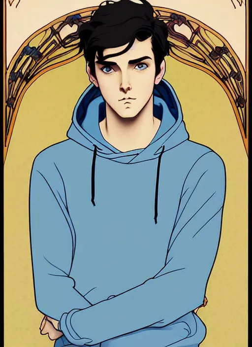 Image similar to well - lit art nouveau portrait of a young man with short black hair, light blue eyes, pale skin, serious expression, jeans and a black hoodie, natural lighting, path traced, highly detailed, high quality, cartoon, digital painting, by don bluth and ross tran and studio ghibli and alphonse mucha