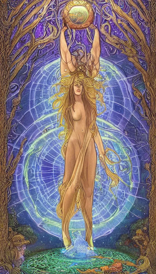 Prompt: goddess of illusion, beautiful, stunning, breathtaking, mirrors, glass, magic circle, magic doorway, fantasy, mist, bioluminescence, hyper - realistic, unreal engine, by ivan bilibin,