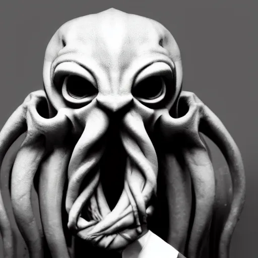 Prompt: black and white photograph of cthulhu wearing a business suit, highly detailed, high quality, high resolution