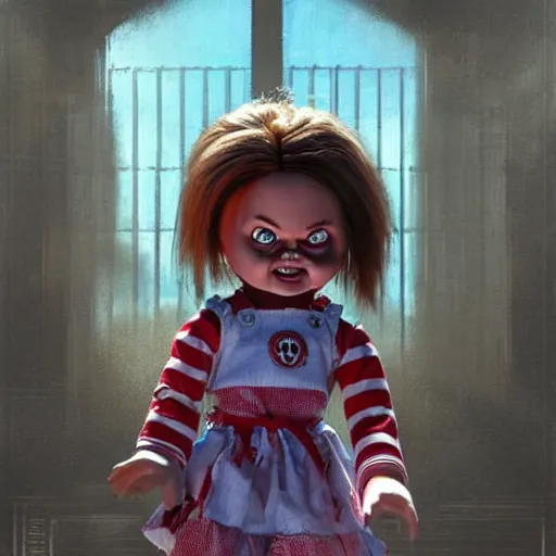 Prompt: the doll chucky in the middle of a cage fighting with doll annabelle, epic mma fight, dramatic poses, disneyland as backdrop, oil painting, by greg rutkowski