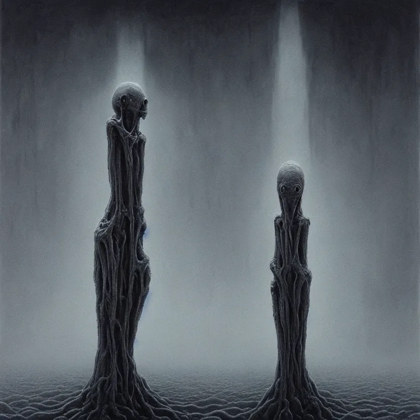 Image similar to tall alien grey art by Zdzislaw Beksinski detailed painting of a creepy eerie alien being with large black eyes and no mouth, intricate matte painting background, elegant horror artwork, many colors in eldritch nightmare, luxurious, ominous, 4k, cinematic, by Yoshitaka Amano, horizontally symmetrical, by Wayne Barlowe, trending on Artstation