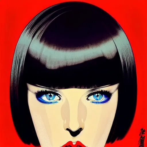 Image similar to woman with dark bobcut haircut with friendly blue eyes and slim features looking surprised, underground box office hit, satire and seventies italian horror movie, giallo, intricate, ultra detailed 8 k, best, cool, extremely beautiful and aesthetic shape of face and neck, art by hiroaki samura and ilya kuvshinov and rossdraws and andy warhol, inverted, epic