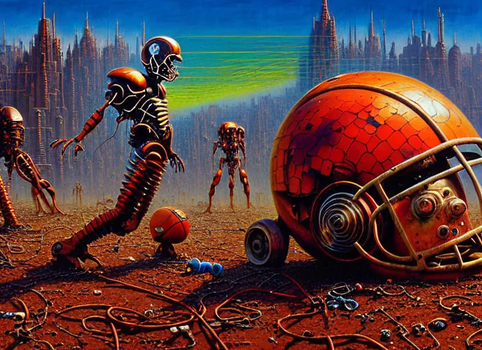 Prompt: junkys playing football, cybertronic gadgets, durty colours, rotten textures, rusty shapes, close - up, biotechnology, dariusz zawadzki, tim hildebrandt, wayne barlow, bruce pennington, larry elmore, oil on canvas, deep depth field, masterpiece, cinematic composition, hyper - detailed, hd, hdr