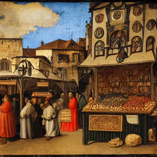 Prompt: a beautiful illumination of a medieval market by Pisanello, international gothic, trending on Artstation