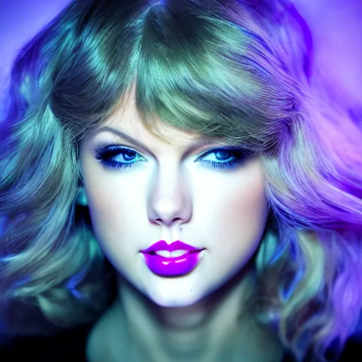 Image similar to closeup portrait of an ethereal Taylor swift made of purple light