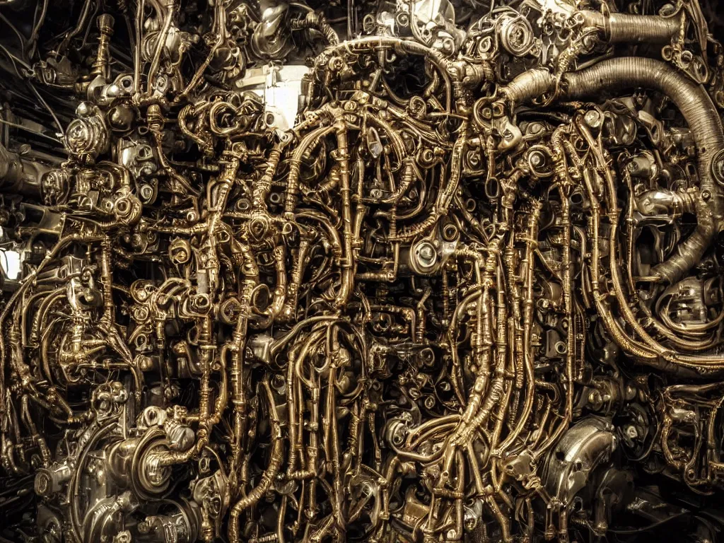 Image similar to < highly detailed machinery, gold silver copper bronze metal, hundreds of gears, a thousand pipes, human skulls, ivory eyeballs, rust, rivets, dark gloomy with creepy lighting, style of H.R. Giger