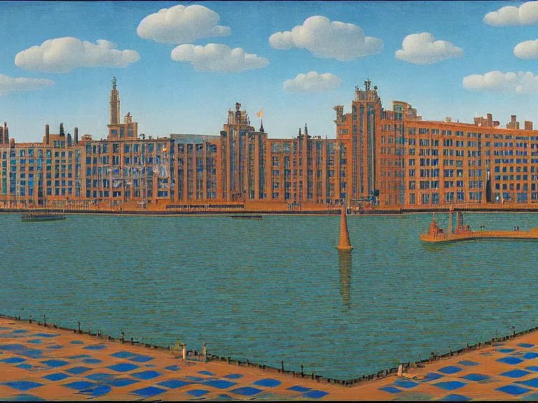 Prompt: barcelona city scape at water by rene magritte, high detail, high resolution