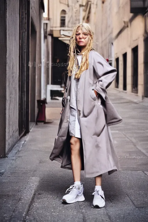 Prompt: high quality realistic street photo of girl, blond hair, clothes in the style of 1 9 9 0, sneakers, lowered socks, loose coat ; kodak ektar, 2 0 0 iso, 3 5 mm lens, bill henson style beautiful chiaroscuro lighting, beautiful colour palette, beautiful and realistic, wide shot