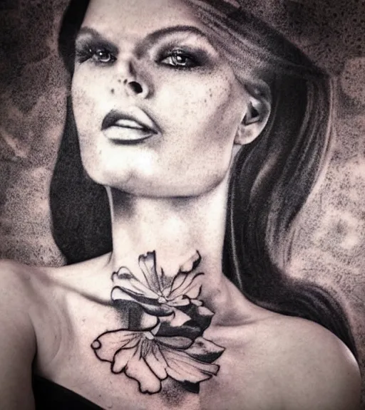 Prompt: tattoo design sketch of an extremely beautiful woman face next to a faded background of beautiful mountains on her side, hyper - realistic, double exposure effect, in the style of den yakovlev, amazing detail, black and white, faded