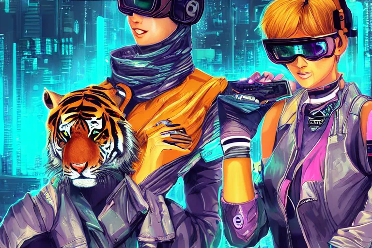 Prompt: cyberpunk anthro tiger computer hacker spandex skater goggles cat person grinning netrunner tiger itsaunixsystem beastars