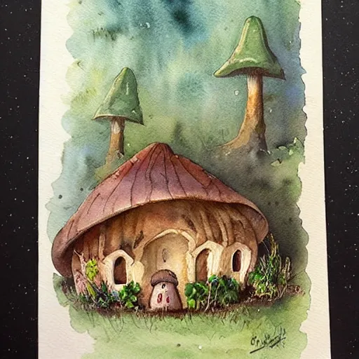 Image similar to vintage watercolor painting of a mushroom house in a magical forest grove, trending on artstation