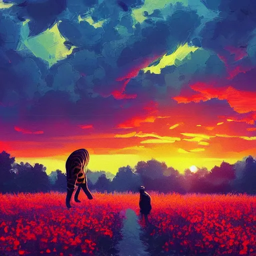 Image similar to a tiger watching a sunset, surreal photography, flower field, beautiful sunset on a summer day light, impressionist painting, colorful clouds, blue sky, digital painting, artstation, simon stalenhag