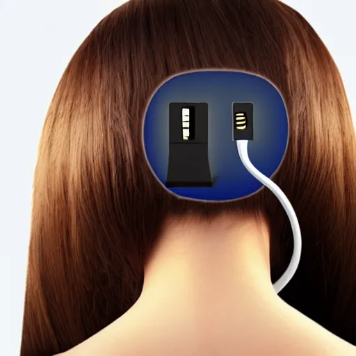 Image similar to usb cable plugged in, back of head, woman, computer, hair clip