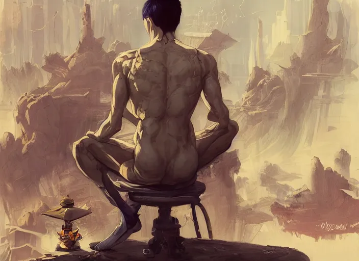 Image similar to an insanely detailed painting of an asian man wearing a homemade superhero costume, sitting at a desk, staring seriously at the computer and typing, in the style of peter mohrbacher, james jean, ruan jia, dramatic lighting and composition, surreal background, octane render, pixar, trending on artstation, concept art, comic book, view from behind, 8 k