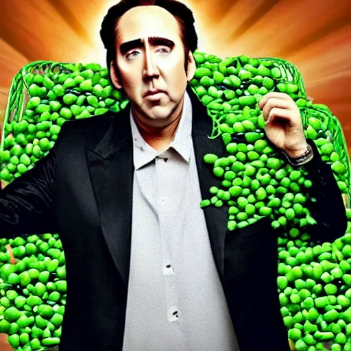 Image similar to nicolas cage trapped in a wicker cage with peas on his face, dying