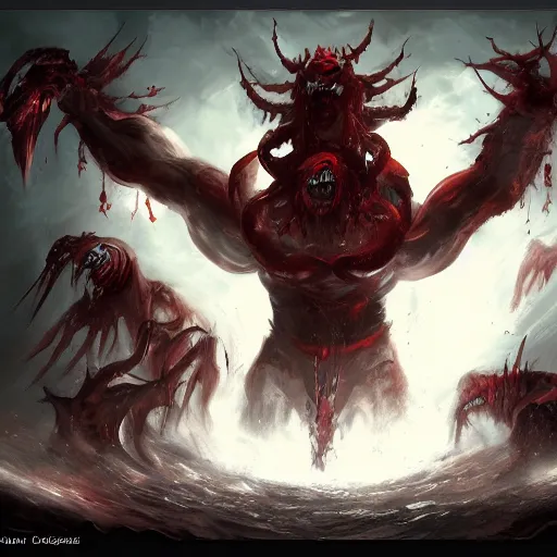 Prompt: Abyssal demon exalting its god. dramatic. wide angle. digital painting. trending on art station.