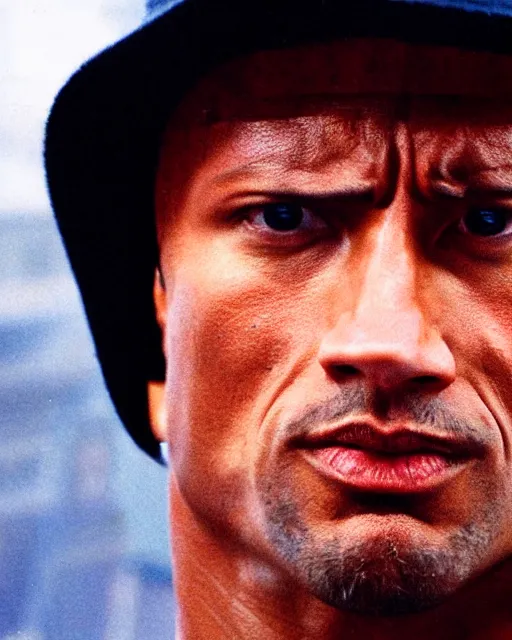 Image similar to Film still close-up shot of Dwayne Johnson as Rocky Balboa from the movie Rocky. Photographic, photography