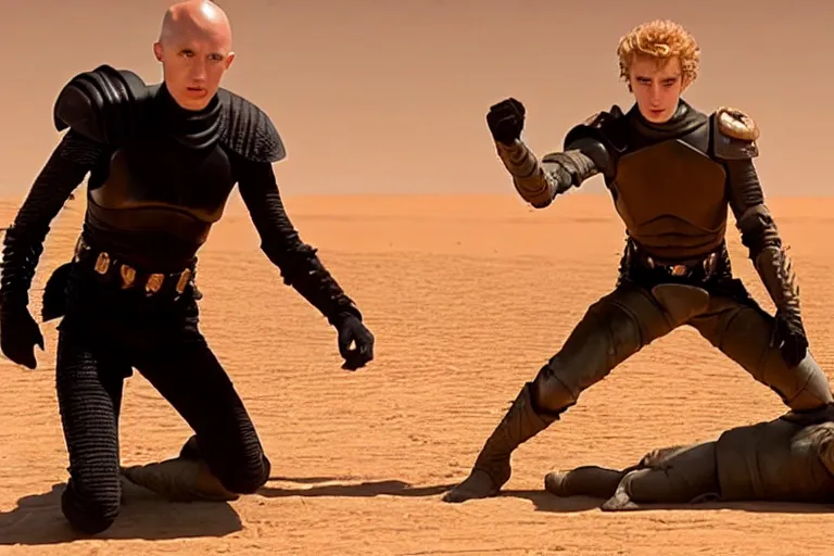Prompt: dagger-fight: bald_hairless_Austin_Butler_as_Feyd-Rautha_Harkonnen versus Timothee_Chalamet_as_Paul_Atreides, in an arena fight-pit, film still from movie Dune-2021, golden ratio, clear gaze, detailed eyes, detailed faces, 4k, 8k