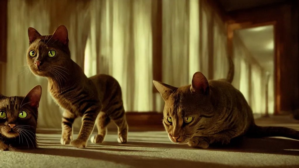 Image similar to the forbidden cat, film still from the movie directed by denis villeneuve and david cronenberg with art direction by salvador dali, wide lens