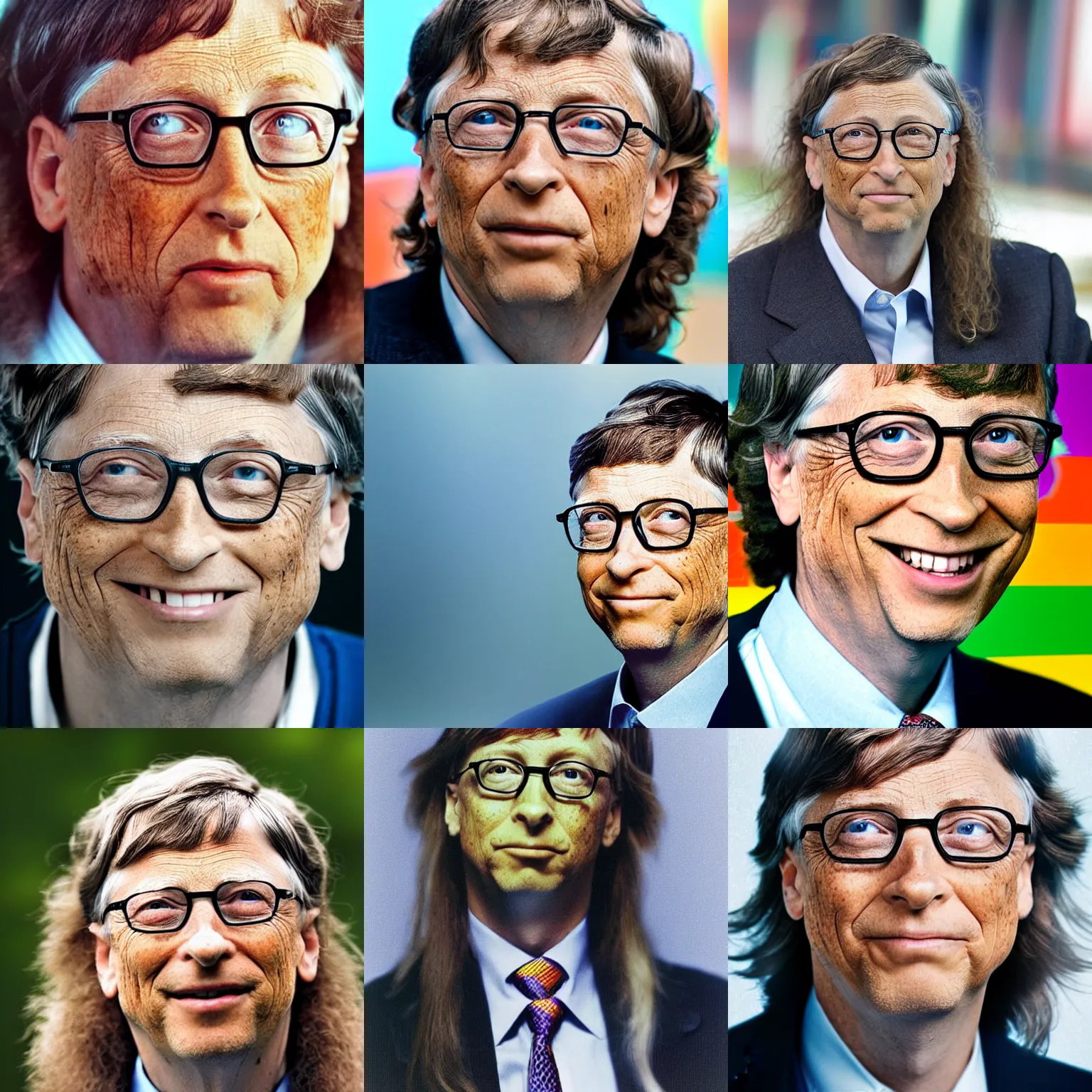 Prompt: real photograph, bill gates with rainbow colored long hair, in legnica, macro head shot, photo mid shot