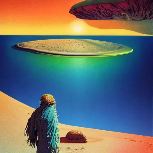 Image similar to a desert and an ocean on a strange planet, by bruce pennington, by sam freio, by thomas rome, by victor mosquera, juxtapoz, behance, dayglo, prismatic, iridescent