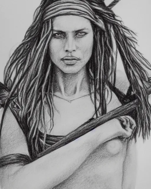 Prompt: A beautiful woman warrior on a faded background of a pirate ship at a deserted island, realism pencil drawing on white paper, bald lines