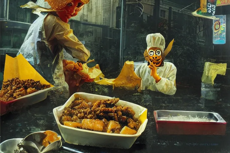 Image similar to mcdonald's fried bees with dry leaf stew, in 1 9 9 5, y 2 k cybercore, advertisement photo. artwork by craig mullins