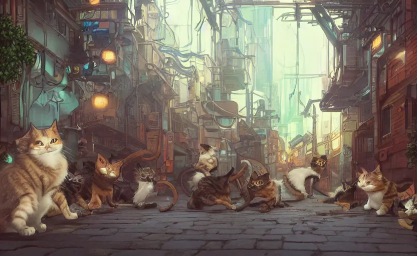 Image similar to a group of cats with one cat stretching in an alleyway in a space opera cyberpunk studio ghibli animated film, volumetric lighting, octane render by anime, stanley artgerm lau, greg rutkowski, thomas kindkade, alphonse mucha, loish, norman rockwel, highly detailed
