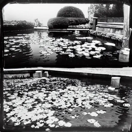 Prompt: the flowers are really bedraggled and the koi have been lethargic all summer, blue skies, midday sunlight, black and white daguerreotype, concept art,