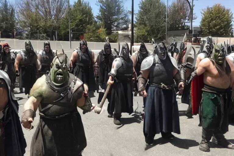 Image similar to cellphone photograph of lord of the rings uruk - hai and orcs protesting the working conditions at a mcdonalds parking lot in the daylight. dirty mcdonalds uniforms, aprons. picket signs and battleaxes in hand