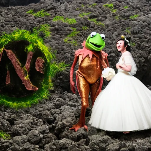 Prompt: bjork marrying kermit the frog, at a volcano, professional wedding photography, 8 k photo