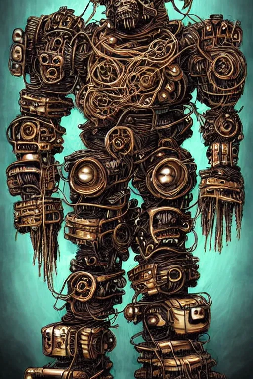 Image similar to wild monstorous anthropomorphic biomechanical bear warrior wearing dreadlocks made of cables and wires. Upgraded with hightech cyberwares. huge, big, giant bear human hybrid, mecha animal, tall, detailed woodcut armor, terrifying and dangerous, scary, beautiful, steampunk monster android hybrid art portrait, matte scifi fantasy painting, half robot half bear. DeviantArt Artstation, by Jason Felix by Steve Argyle by Tyler Jacobson by Peter Mohrbacher, cinematic lighting