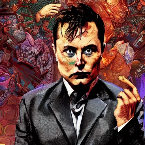 Prompt: elon musk in style of two - face harvey dent one side face has dragonskin fantasy sharp focus intricate elegant digital painting