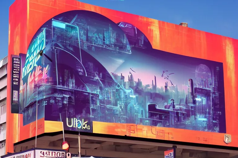 Image similar to an advertisement billboard for 'UBIK', retro-futurism style-art deco style-sci-fi- 3d geometric landscape with cactus