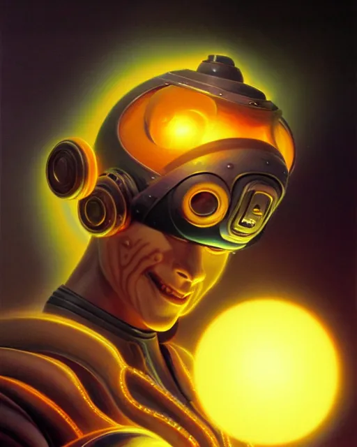 Image similar to zenyatta from overwatch, character portrait, portrait, close up, vintage fantasy art, vintage sci - fi art, radiant light, caustics, by boris vallejo