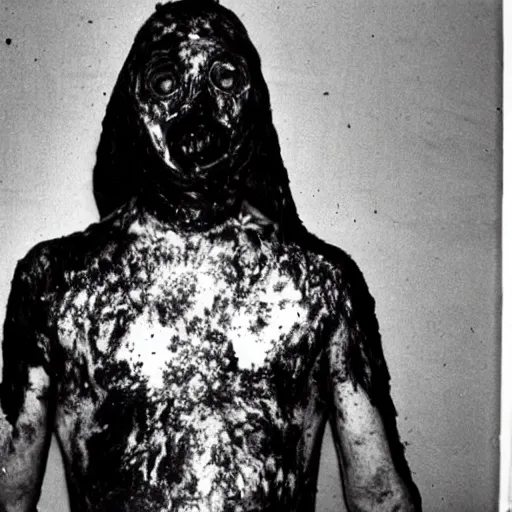 Prompt: man covered in soot, bulging eyes, photo from the 70s