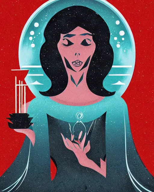 Prompt: retro dark vintage sci - fi. 2 d matte dark gouache illustration in a mystical style. a woman in a river holding two vases. symmetrical face.