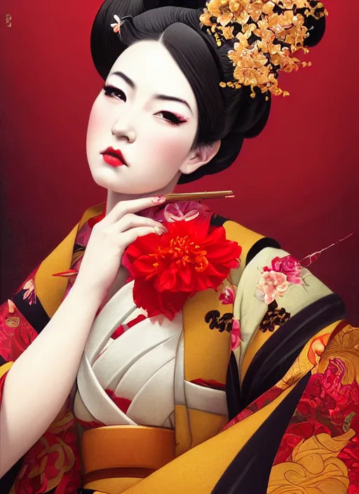 Image similar to dreamlike luxury stunning oiran portrait, red and gold kimono, art by artgerm, wlop, loish, ilya kuvshinov, 8 k realistic, hyperdetailed, beautiful lighting, detailed background, depth of field, symmetrical face, frostbite 3 engine, cryengine,