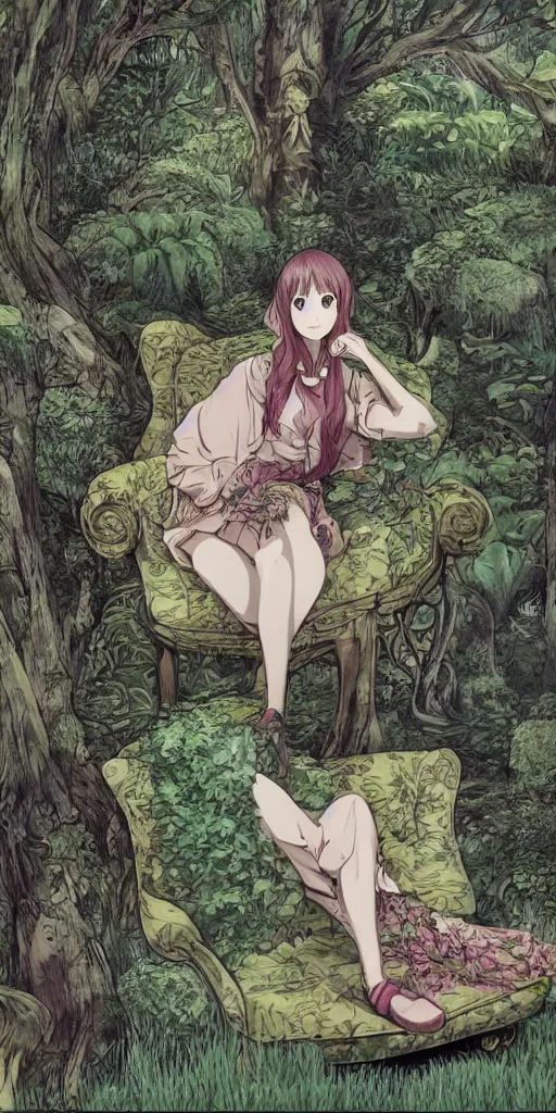 Image similar to a single queen sitting by herself on a sofa in a forest, drawn by CloverWorks, intricate detail, elegant, beauty