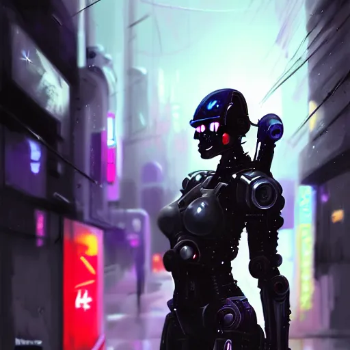 Image similar to An epic comic hyperrealistic painting of a cyber warrior girl wearing mecha cyber suit, attractive, painted by craig mullins, cyberpunk style color, heavy rainning at tokyo street night, neon lights all around, Matte painting, smoke, cinematic lighting, corona render, arnold render, movie concept art, 8k, RPG portrait, Concept world, rim lights, phtotrealistic, hdri
