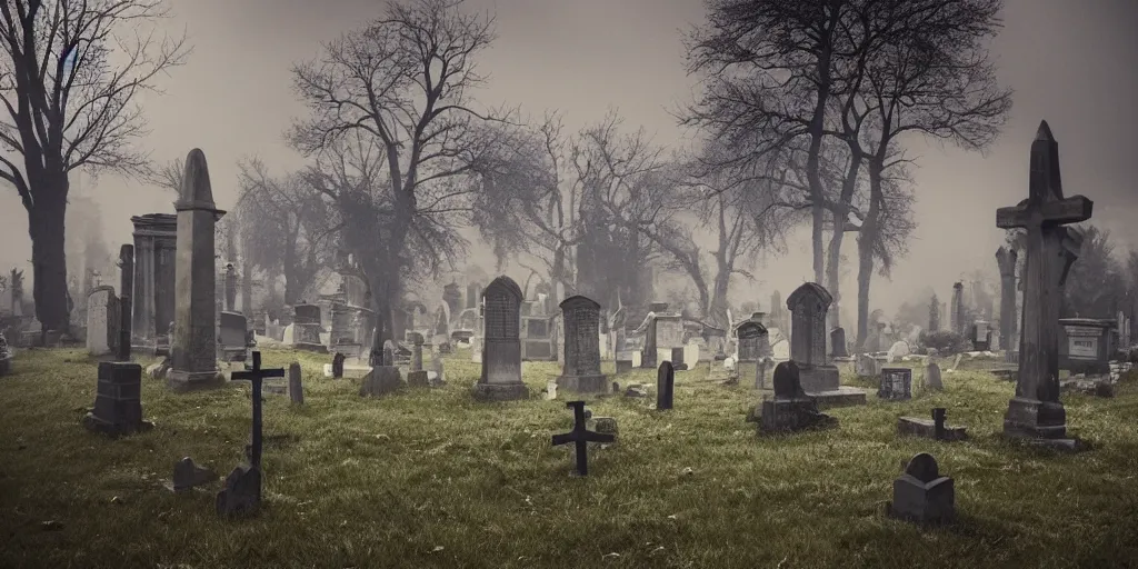 Image similar to ghosts in an old church yard cemetery, a ghostly figure os walking between the grave stones, night time low light, spooky and scary atmosphere, artstation flames from church windows,