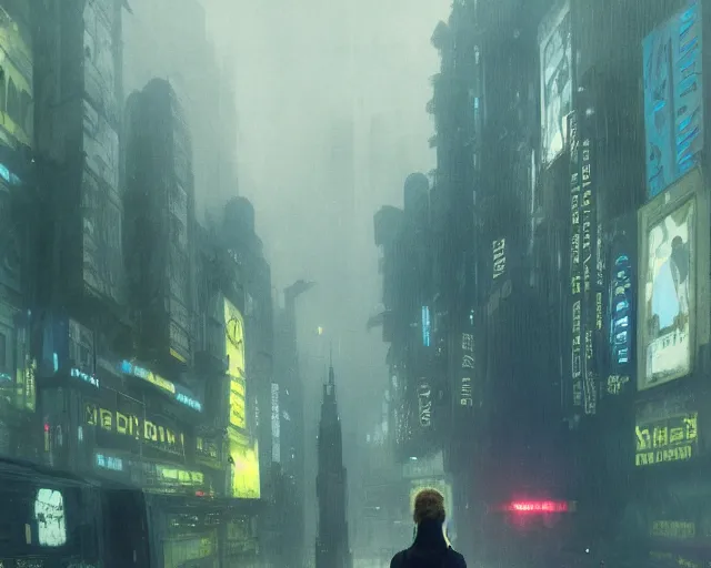 Image similar to 2 0 1 8 blade runner movie still girl look at the cityscape from roof perfect face fine realistic face pretty face reflective polymer suit tight neon puffy jacket blue futuristic sci - fi elegant by denis villeneuve tom anders zorn hans dragan bibin thoma greg rutkowski ismail inceoglu illustrated sand storm alphonse mucha