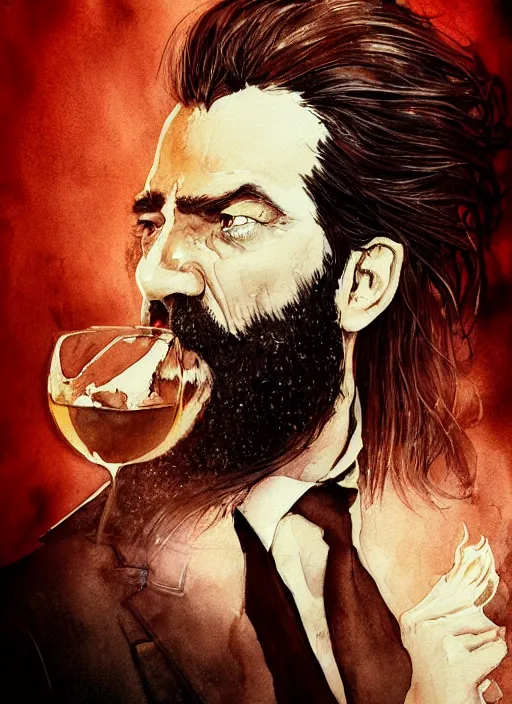 Prompt: portrait, a handsome Frenchman with beard and long black hair toasting with whiskey, the devil is in the background, watercolor, dramatic lighting, cinematic, establishing shot, extremely high detail, foto realistic, cinematic lighting, digital art, vector, by Yoshitaka Amano, Ruan Jia, Kentaro Miura, Artgerm, post processed, concept art, artstation, matte painting, style by eddie mendoza, raphael lacoste, alex ross