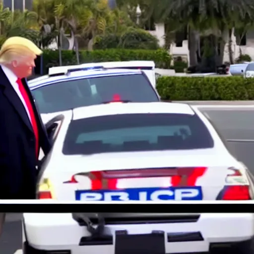 Prompt: Newscast still of Donald Trump being handcuffed and arrested and put into a cop car at mar-a-lago