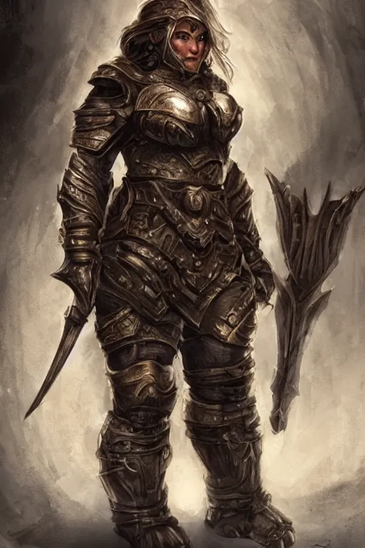 Prompt: Strong female dwarven warrior with short broad build | iron armor | in the caverns | Aleksi Briclot