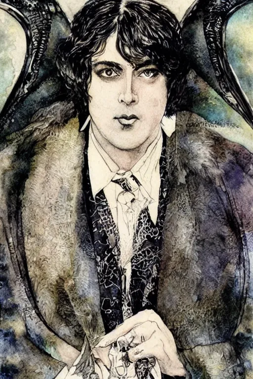 Image similar to oscar wilde realistic portrait closeup surrounded by bat wings, art by luis royo and walter crane and kay nielsen, watercolor illustration,